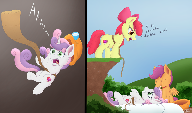 Size: 2000x1182 | Tagged: safe, artist:arcane-thunder, derpibooru import, apple bloom, scootaloo, sweetie belle, earth pony, pegasus, pony, unicorn, apple bloom's bow, bow, clothes, comic, cutie mark crusaders, facehoof, falling, female, filly, foal, hair bow, hard hat, hat, horn, image, pillow, png, rope, screaming, sheepish grin, trio, wings