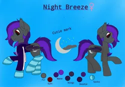 Size: 2048x1427 | Tagged: artist needed, safe, derpibooru import, oc, oc:night breeze, unofficial characters only, bat pony, pony, bat pony oc, bat wings, blue background, clothes, cute, cute little fangs, cutie mark, fangs, female, hoodie, image, jpeg, mare, purple mane, reference sheet, simple background, smiling, socks, striped socks, wings