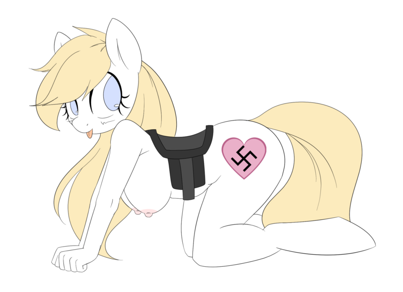 Size: 1932x1398 | Tagged: questionable, artist:randy, color edit, edit, oc, oc:aryanne, unofficial characters only, anthro, all fours, breasts, colored, female, heart, image, looking back, nazi, nipples, nudity, png, saddle, simple background, solo, solo female, swastika, tack, tongue out, white background