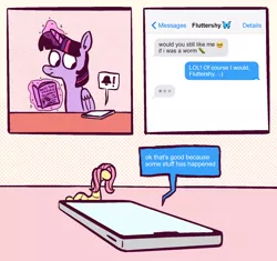 Size: 1742x1637 | Tagged: safe, artist:horsewizardart, derpibooru import, fluttershy, twilight sparkle, twilight sparkle (alicorn), alicorn, pony, worm, book, duo, female, image, levitation, magic, mare, mobile phone, phone, png, smartphone, species swap, telekinesis, texting