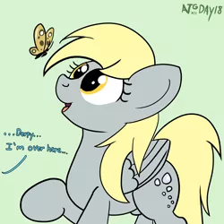 Size: 2000x2000 | Tagged: safe, artist:dafiltafish, derpibooru import, derpy hooves, butterfly, insect, pegasus, pony, atg 2022, image, implied rainbow dash, newbie artist training grounds, png, solo