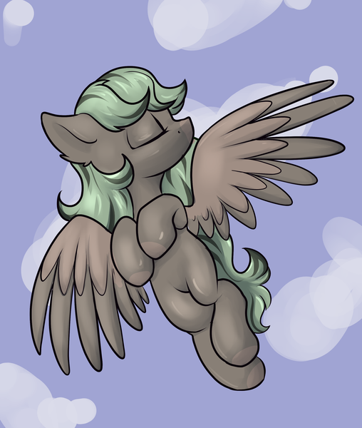Size: 2200x2600 | Tagged: safe, artist:dumbwoofer, derpibooru import, oc, oc:forest air, pegasus, pony, cloud, eyes closed, female, filly, flying, foal, head turned, image, png, sky, sky background, solo, teenager