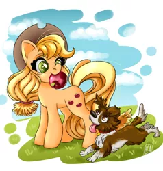 Size: 2000x2100 | Tagged: safe, artist:aalwa, derpibooru import, applejack, winona, dog, earth pony, pony, apple, duo, duo female, female, fetch, food, high res, image, mare, mouth hold, png, tongue out