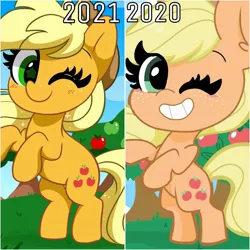 Size: 1080x1080 | Tagged: safe, artist:kittyrosie, derpibooru import, applejack, earth pony, pony, 2020, 2021, apple, applejack's hat, blushing, comparison, cowboy hat, cute, female, food, grin, hat, image, jackabetes, jpeg, mare, one eye closed, redraw, smiling, solo, tree, wink