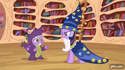 Size: 640x360 | Tagged: safe, derpibooru import, screencap, spike, twilight sparkle, dragon, pony, unicorn, luna eclipsed, season 2, animated, duo, female, gif, gifs.com, golden oaks library, image, library, male, mare, smiling, spinning, star swirl the bearded costume, unicorn twilight