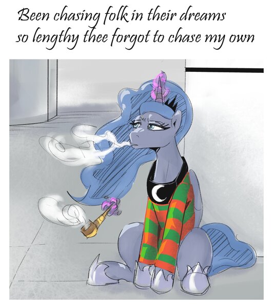 Size: 1797x2012 | Tagged: safe, artist:horseeatapples, derpibooru import, princess luna, ponified, alicorn, pony, clothes, female, freddy krueger, image, jpeg, levitation, long sleeved shirt, long sleeves, magic, mare, pipe, shirt, smoking, solo, striped shirt, telekinesis