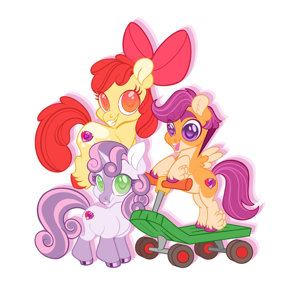 Size: 1280x1294 | Tagged: safe, artist:viodacreator, derpibooru import, apple bloom, scootaloo, sweetie belle, earth pony, pegasus, pony, unicorn, alternate design, bipedal, bipedal leaning, colored pupils, cutie mark crusaders, female, filly, foal, grin, image, jpeg, leaning, looking at you, scooter, simple background, smiling, smiling at you, trio, twitterina design, white background