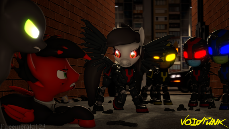 Size: 3840x2160 | Tagged: safe, artist:fireemerald123, derpibooru import, oc, oc:page feather, oc:the voice, unofficial characters only, cyborg, earth pony, pegasus, unicorn, 3d, alleyway, blood, car, glow, glowing eyes, gun, handgun, image, night, png, revolver, source filmmaker, void entity, voidpunk, weapon