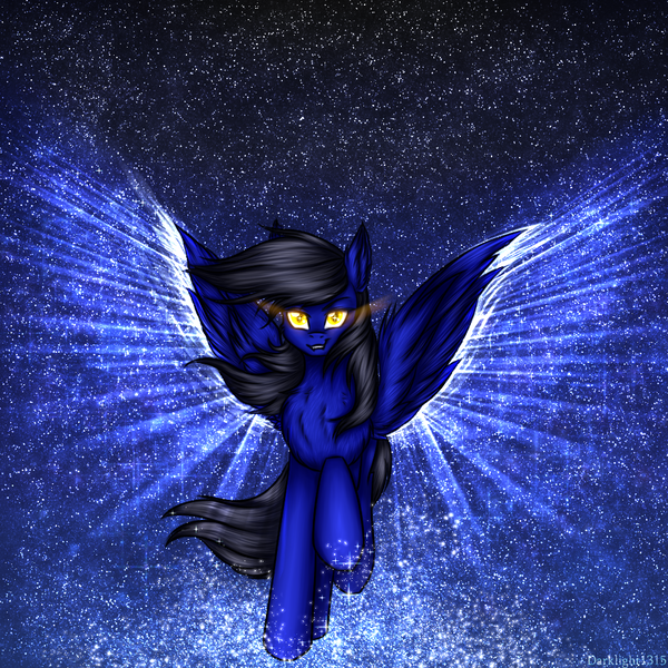 Size: 1000x1000 | Tagged: safe, artist:darklight1315, derpibooru import, oc, oc:night, unofficial characters only, pegasus, pony, fallout equestria, chest fluff, ear fluff, fallout equestria: dark delirium, glow, glowing eyes, image, png, running, solo, space, stars