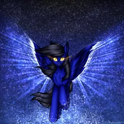 Size: 1000x1000 | Tagged: safe, artist:darklight1315, derpibooru import, oc, oc:night, unofficial characters only, pegasus, pony, fallout equestria, chest fluff, ear fluff, fallout equestria: dark delirium, glow, glowing eyes, image, png, running, solo, space, stars