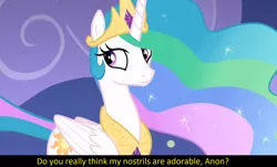 Size: 1920x1162 | Tagged: safe, derpibooru import, screencap, princess celestia, alicorn, horse play, beautiful, best pony, bronybait, caption, crown, cute, image, implied anon, jewelry, meta, necklace, png, question, regalia, solo, text