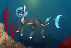 Size: 1280x861 | Tagged: safe, artist:bubbastudios, derpibooru import, oc, unofficial characters only, fish, hybrid, merpony, original species, pony, shark, shark pony, blue mane, bubble, coral, dorsal fin, female, fins, fish tail, image, jpeg, mare, smiling, solo, swimming, tail, underwater, water