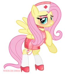 Size: 800x910 | Tagged: suggestive, artist:jennieoo, derpibooru import, fluttershy, pegasus, pony, blushing, clothes, eyeshadow, hat, high heels, horny, image, latex, looking at you, makeup, nurse, nurse hat, nurse outfit, png, rubber, shoes, simple background, smiling, smiling at you, socks, solo, stockings, thigh highs, transparent background, vector, white socks