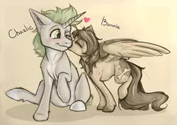 Size: 1187x839 | Tagged: safe, artist:cheshchesh, oc, oc:bonnie, oc:charlie, pegasus, pony, unicorn, blushing, eyes closed, female, heart, husband and wife, image, male, png, spread wings, wings