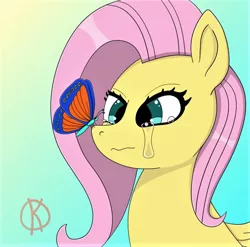 Size: 980x970 | Tagged: safe, artist:kpapwiss, derpibooru import, fluttershy, butterfly, insect, pegasus, pony, bust, butterfly on nose, crying, image, insect on nose, jpeg, portrait, simple background, solo