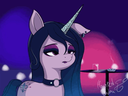 Size: 1280x960 | Tagged: safe, artist:hauntedtuba, derpibooru import, izzy moonbow, pony, unicorn, alternate cutie mark, animated, ashtray, blowing, choker, cigarette, drink, dyed mane, ear piercing, earring, eyeshadow, female, g5, goth, goth izzy, hair blowing, image, jewelry, lipstick, loop, makeup, no sound, one ear down, perfect loop, piercing, solo, webm