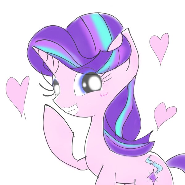 Size: 2048x2048 | Tagged: safe, artist:tiga mega, artist:tiga52080175, derpibooru import, starlight glimmer, pony, unicorn, eye clipping through hair, female, heart, horn, image, jpeg, looking at you, mare, raised hoof, smiling, smiling at you, solo
