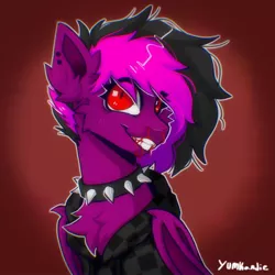 Size: 2048x2048 | Tagged: semi-grimdark, artist:yumkandie, derpibooru import, oc, unofficial characters only, bat pony, pony, abstract background, bat pony oc, bat wings, blood, choker, clothes, ear piercing, eyebrows, eyebrows visible through hair, hoodie, image, jpeg, nosebleed, piercing, solo, spiked choker, wings