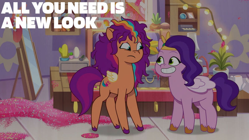 Size: 1280x720 | Tagged: safe, derpibooru import, edit, edited screencap, editor:quoterific, screencap, pipp petals, sunny starscout, pegasus, pony, my little pony: tell your tale, spoiler:g5, spoiler:my little pony: tell your tale, spoiler:tyts01e14, alicorn issues, artificial wings, augmented, duo, female, g5, glitter, grin, image, jpeg, magic, magic wings, mare, messy mane, pegasus sunny starscout, race swap, smiling, text, wings