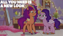 Size: 1280x720 | Tagged: safe, derpibooru import, edit, edited screencap, editor:quoterific, screencap, pipp petals, sunny starscout, pegasus, pony, my little pony: tell your tale, spoiler:g5, spoiler:my little pony: tell your tale, spoiler:tyts01e14, alicorn issues, artificial wings, augmented, duo, female, g5, glitter, grin, image, jpeg, magic, magic wings, mare, messy mane, pegasus sunny starscout, race swap, smiling, text, wings