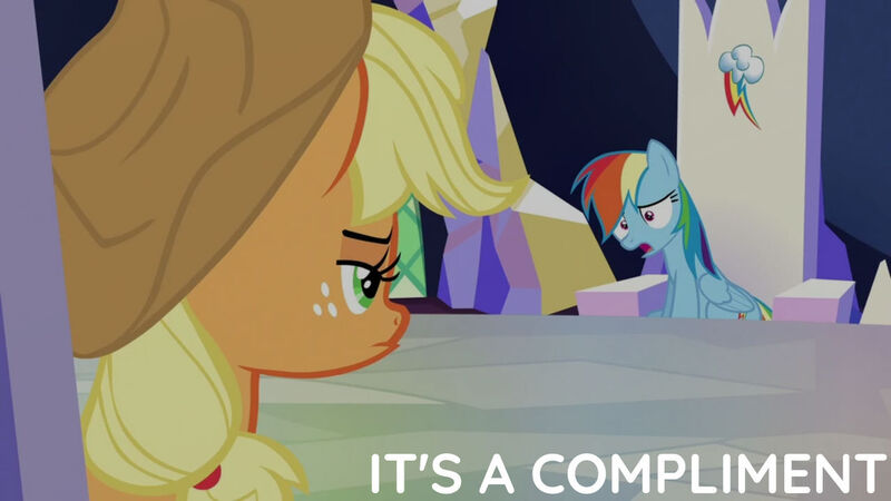 Size: 1280x720 | Tagged: safe, derpibooru import, edit, edited screencap, editor:quoterific, screencap, applejack, rainbow dash, earth pony, pegasus, pony, season 6, to where and back again, applejack is not amused, applejack's hat, cowboy hat, cutie map, duo, female, hat, image, jpeg, mare, open mouth, text, twilight's castle, unamused