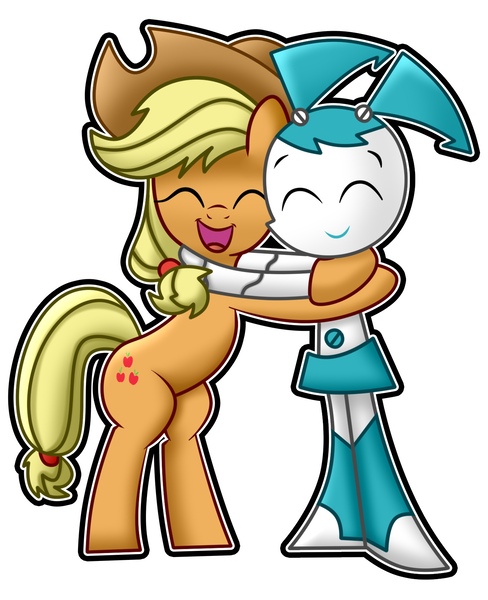 Size: 1351x1661 | Tagged: artist needed, safe, derpibooru import, applejack, earth pony, pony, robot, crossover, duo, duo female, eyes closed, female, happy, hug, image, jenny wakeman, jpeg, my life as a teenage robot, open mouth, open smile, simple background, smiling, white background