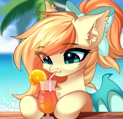 Size: 2342x2272 | Tagged: safe, artist:airiniblock, derpibooru import, oc, oc:sunshine drift, unofficial characters only, bat pony, pony, alcohol, bat wings, beach, bow, chest fluff, cocktail, commission, drink, drinking straw, ear fluff, eye clipping through hair, female, food, hair bow, hair over one eye, icon, image, mare, ocean, orange, palm tree, png, smiling, solo, tree, water, wings, ych result