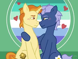 Size: 1600x1200 | Tagged: safe, artist:lotusflare, derpibooru import, golden crust, midnight snack (character), pony, unicorn, arm around back, background pony, blushing, boop, cute, eye contact, friendship student, gay, goldensnack, happy, heart, image, looking at each other, looking at someone, love, male, noseboop, png, pride flag, shipping, smiling, smiling at each other, stallion, stallion on stallion, tail, two toned mane