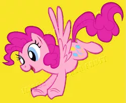 Size: 637x519 | Tagged: safe, artist:lauren faust, derpibooru import, edit, pinkie pie, pegasus, pony, concept art, female, image, mare, needs more jpeg, pegasus pinkie pie, png, race swap, simple background, smiling, spread wings, watermark, what could have been, wings, yellow background