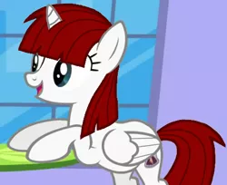 Size: 453x369 | Tagged: safe, derpibooru import, edit, edited screencap, screencap, oc, oc:fausticorn, unofficial characters only, alicorn, pony, a canterlot wedding, season 2, canterlot, female, horn, image, lauren faust, mare, png, smiling, table, window, wings, younger
