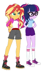 Size: 2351x3925 | Tagged: safe, artist:gmaplay, derpibooru import, sci-twi, sunset shimmer, twilight sparkle, equestria girls, camp everfree outfits, clothes, image, png, shorts, simple background, transparent background
