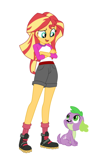 Size: 2500x3740 | Tagged: safe, artist:gmaplay, derpibooru import, spike, spike the regular dog, sunset shimmer, dog, equestria girls, legend of everfree, camp everfree outfits, image, png, simple background, transparent background