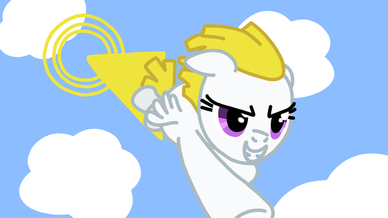 Size: 1280x720 | Tagged: safe, artist:girlylightheartfan56789, derpibooru import, surprise, pegasus, pony, adoraprise, cloud, cloudy, colored, cute, female, flying, g1, g1 to g4, g4, generation leap, grin, image, mare, narrowed eyes, png, purple eyes, sky, smiling, solo, sonic rainboom, surprise can fly, tail, wind, windswept mane, yellow hair, yellow mane, yellow tail