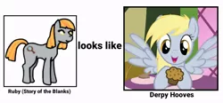 Size: 1016x471 | Tagged: safe, artist:fangasmic, artist:flamingo1986, derpibooru import, editor:pagiepoppie12345, derpy hooves, oc, oc:ruby, oc:ruby (story of the blanks), earth pony, ghost, ghost pony, pegasus, pony, undead, story of the blanks, female, food, image, magnifying glass, mare, muffin, png, smiling, spread wings, text, wings, yellow eyes