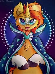 Size: 3053x4096 | Tagged: safe, alternate version, artist:canvymamamoo, derpibooru import, sunburst, pony, unicorn, abstract background, chest fluff, cloak, clothes, coat markings, ear fluff, glasses, happy, horn, image, jpeg, looking at you, male, open mouth, smiling, socks (coat marking), solo, stallion, sunburst's cloak, unshorn fetlocks