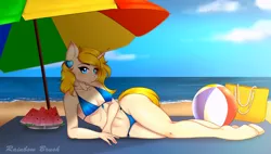 Size: 2170x1230 | Tagged: safe, artist:rain6ow6rush, derpibooru import, oc, anthro, pony, unicorn, beach, blonde mane, breasts, commission, female, image, looking at you, ocean, png, smiling, smiling at you, solo, solo female, summer, sun, water, ych result