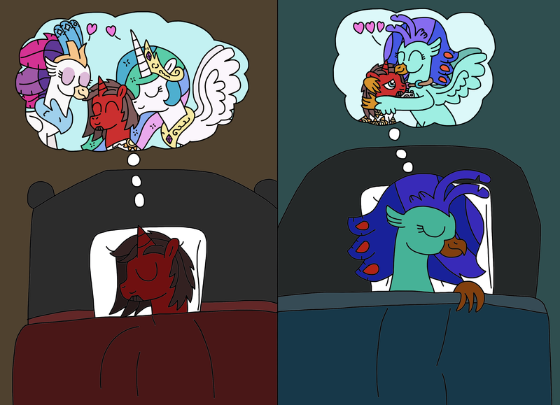 Size: 3108x2250 | Tagged: safe, artist:supahdonarudo, derpibooru import, princess celestia, queen novo, oc, oc:ironyoshi, oc:sea lilly, alicorn, classical hippogriff, hippogriff, unicorn, my little pony: the movie, atg 2022, bed, dream, dream bubble, heart, hug, image, newbie artist training grounds, pillow, png, sleeping, snuggling