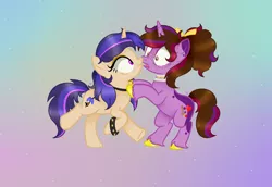 Size: 2252x1548 | Tagged: safe, artist:kapai882, derpibooru import, oc, oc:kathe, oc:kathe paint, unofficial characters only, pony, unicorn, blue hair, boop, bracelet, brown eyes, brown hair, choker, collar, duo, image, noseboop, pink eyes, png, scrunchy face, spiked wristband, wristband