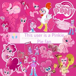 Size: 1080x1080 | Tagged: safe, derpibooru import, editor:twenty.one.dolls, pinkie pie, earth pony, human, pony, seapony (g4), animal costume, bondage, chicken suit, clothes, costume, cutie mark, encasement, g2, g3, hat, heart shaped, image, jpeg, logo, looking at you, magenta background, musical instrument, party hat, party horn, pixel art, seaponified, smiling, species swap, sticker, toy