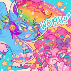 Size: 1280x1280 | Tagged: safe, artist:fuzzy_sherb, derpibooru import, pinkie pie, rainbow dash, earth pony, pegasus, pony, accessories, alternate design, colorful, digital art, duo, female, image, jpeg, lesbian, looking at you, open mouth, pinkiedash, shipping, stylized, text