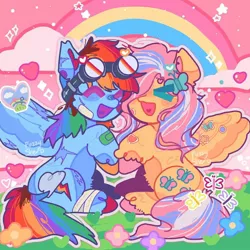 Size: 1080x1080 | Tagged: safe, artist:fuzzy_sherb, derpibooru import, fluttershy, rainbow dash, pegasus, bandage, colorful, cuddling, duo, eyes closed, female, flower, flutterdash, goggles, grass, heart, image, jpeg, lesbian, open mouth, pink sky, rainbow, shipping, smiling, sparkles, stylized, wings