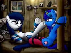 Size: 4000x3000 | Tagged: suggestive, artist:littlenaughtypony, derpibooru import, oc, oc:delly, oc:sassysvczka, pegasus, pony, unicorn, bondage, clothes, collar, detailed background, domination, duo, female, fetish, hammer, hoof fetish, hoof licking, horn, horn ring, image, jewelry, jpeg, licking, lightbulb, long mane, looking at each other, looking at someone, lying down, magic suppression, mare, oil, on back, open mouth, open smile, pegasus oc, pet tag, pole, ring, rope, sassy, saw, shed, shelf, sitting, smiling, smirk, socks, spreader bar, story included, striped socks, submissive, tied up, tongue out, tools, washing machine, window, wings, wooden floor, wrench