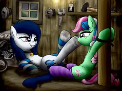 Size: 4000x3000 | Tagged: suggestive, artist:littlenaughtypony, derpibooru import, minty, oc, oc:sassysvczka, pegasus, pony, bondage, canon x oc, clothes, collar, detailed background, dirty hooves, dirty socks, domination, duo, female, fetish, hammer, hoof fetish, hoof licking, image, jewelry, jpeg, licking, lightbulb, long mane, looking at each other, looking at someone, lying down, mare, oil, on back, open mouth, open smile, pegasus oc, pet tag, pole, ring, rope, sassy, saw, shed, shelf, sitting, smiling, smirk, socks, spreader bar, story included, striped socks, submissive, tied up, tongue out, tools, vaginal secretions, washing machine, window, wings, wooden floor, wrench