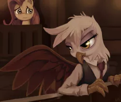 Size: 1566x1323 | Tagged: safe, artist:gsphere, fluttershy, gilda, gryphon, pegasus, pony, attorney, clothes, court, courtroom, crying, female, image, indoors, inside, leaning, lidded eyes, looking sideways, looking to side, mare, necktie, png, sad, spread wings, suit, teary eyes, vest, wings