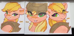 Size: 1280x626 | Tagged: safe, artist:freeedon, derpibooru import, part of a set, applejack, earth pony, pony, bust, eye clipping through hair, image, jpeg, solo, traditional art