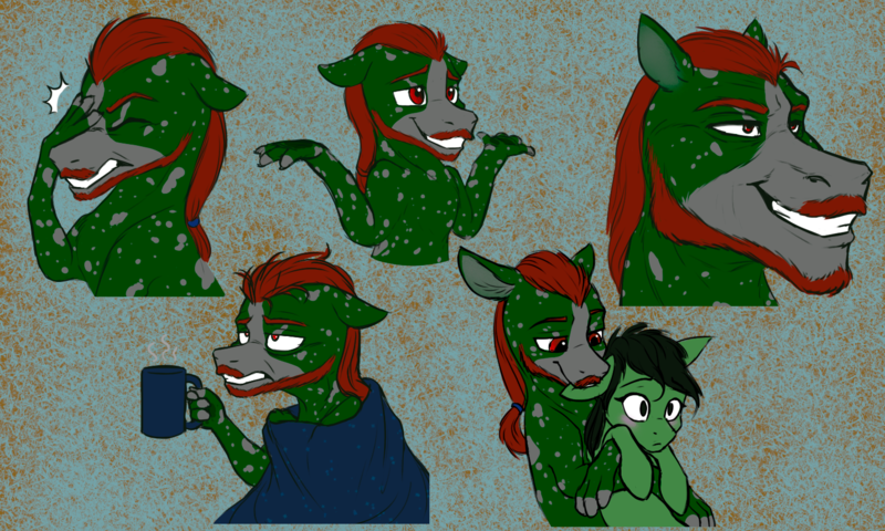 Size: 1500x900 | Tagged: safe, artist:klarapl, derpibooru import, oc, oc:anonfilly, oc:well geboren, dog, dog pony, earth pony, original species, pony, blanket, blushing, chad, coffee mug, emotes, facepalm, female, filly, grimace, grin, hug, image, mug, nibbling, png, shrug, smiling, tired