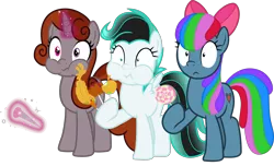 Size: 4541x2769 | Tagged: safe, artist:frownfactory, derpibooru import, edit, editor:fauli1221, vector edit, oc, oc:fauli1221, oc:funny jo, oc:light jet, unofficial characters only, earth pony, pegasus, pony, unicorn, growing up is hard to do, .svg available, bow, closed mouth, cutie mark, eating, female, food, horn, image, magic, mare, png, recolor, simple background, transparent background, trio, vector, wide eyes, wings