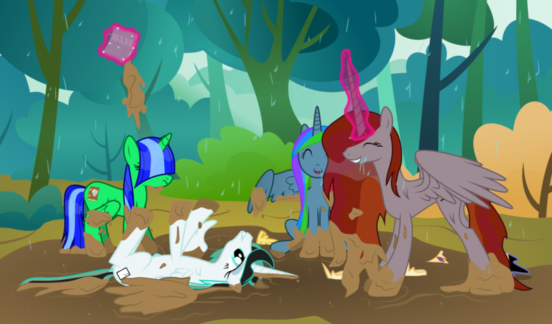 Size: 1219x716 | Tagged: safe, artist:byteslice, derpibooru import, edit, editor:fauli1221, vector edit, oc, oc:doc anubis, oc:fauli1221, oc:funny jo, oc:light jet, unofficial characters only, alicorn, pony, .svg available, bangs, cute, dirty, eyes closed, female, frown, grin, hair over eyes, hilarious in hindsight, image, lol, lying down, magic, majestic as fuck, mare, missing accessory, mud, mud bath, on back, open mouth, png, rain, silly, silly pony, smiling, spread wings, telekinesis, unamused, vector, weapons-grade cute, wet, wet mane, wings