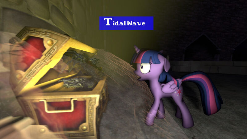 Size: 1024x576 | Tagged: safe, artist:drgamer7065, derpibooru import, twilight sparkle, 3d, castle, crossover, final fantasy, final fantasy v, image, jpeg, monster in a chest, shinryu, source filmmaker, text, treasure chest, water