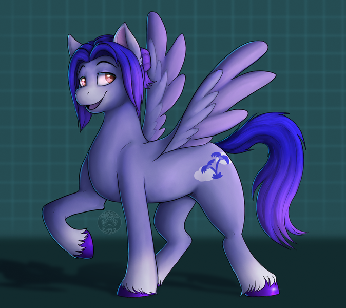 Size: 1479x1316 | Tagged: safe, artist:sursiq, derpibooru import, oc, oc:cloudy islands, unofficial characters only, pegasus, pony, full body, hooves, image, lidded eyes, male, open mouth, open smile, pegasus oc, png, purple hair, raised hoof, shading, smiling, solo, spread wings, stallion, tail, unshorn fetlocks, watermark, wings